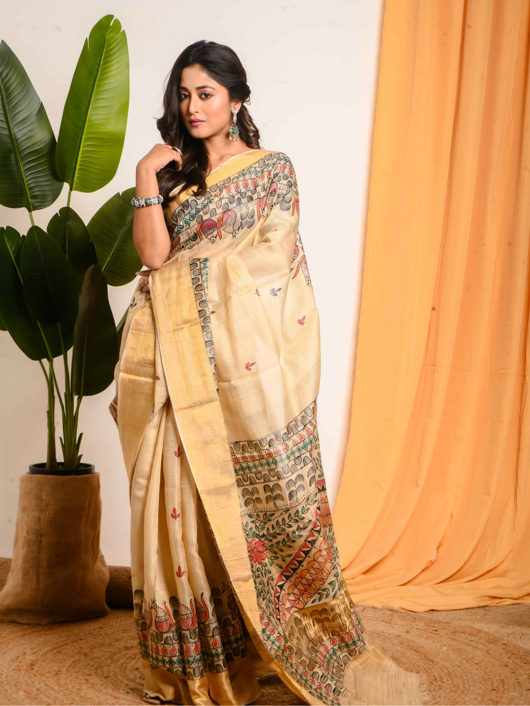 Madhubani Hand Paint Tussar Saree in Shades of Beige - BSHP33